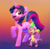 Size: 1310x1296 | Tagged: safe, artist:lemurfeature, spike, twilight sparkle, dragon, pony, unicorn, g4, 3d, 3d model, cheek fluff, cute, duo, fangs, female, fluffy, freckles, gradient background, happy, leg fluff, male, mare, open mouth, size difference, smiling, unicorn twilight, waving, zbrush