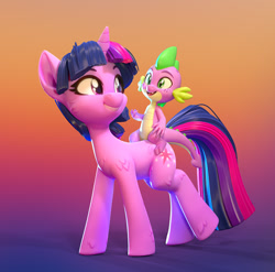Size: 1310x1296 | Tagged: safe, artist:lemurfeature, spike, twilight sparkle, dragon, pony, unicorn, g4, 3d, cute, duo, fangs, female, fluffy, freckles, gradient background, looking at each other, looking back, male, mare, open mouth, sitting, smiling, unicorn twilight, zbrush
