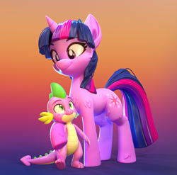 Size: 1310x1296 | Tagged: safe, artist:lemurfeature, spike, twilight sparkle, dragon, pony, unicorn, g4, 3d, cute, duo, female, fluffy, freckles, gradient background, hug, looking at each other, looking down, looking up, male, mare, raised hoof, smiling, underhoof, unicorn twilight, zbrush