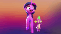 Size: 1280x720 | Tagged: safe, artist:lemurfeature, spike, twilight sparkle, dragon, pony, unicorn, g4, 3d, animated, cute, duo, eye contact, fangs, female, fluffy, freckles, gradient background, hug, looking at each other, looking back, looking down, looking up, male, mare, no sound, open mouth, open smile, raised hoof, raised leg, riding, riding a pony, rotating, smiling, smiling at each other, spikabetes, turnaround, twiabetes, underhoof, unicorn twilight, waving, wavy mouth, webm, zbrush