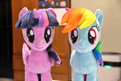 Size: 1024x682 | Tagged: safe, artist:nekokevin, rainbow dash, twilight sparkle, alicorn, pegasus, pony, g4, calendar, duo, female, irl, looking at you, mare, photo, plushie, smiling, twilight sparkle (alicorn)