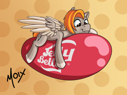 Size: 2000x1500 | Tagged: safe, artist:supermoix, oc, oc only, oc:carmel, pegasus, pony, happy, jelly beans, orange hair, simple background, solo