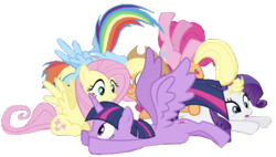 Size: 1280x729 | Tagged: safe, artist:benpictures1, applejack, fluttershy, pinkie pie, rainbow dash, rarity, twilight sparkle, alicorn, earth pony, pegasus, pony, unicorn, g4, power ponies (episode), applejack's hat, cowboy hat, cute, female, hat, mane six, pony pile, simple background, transparent background, twiabetes, twilight sparkle (alicorn)