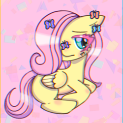 Size: 1300x1300 | Tagged: safe, artist:rabidmomento, fluttershy, butterfly, pegasus, pony, g4, blank flank, chromatic aberration, colored eyelashes, crying, digital art, eyestrain warning, female, filly, filly fluttershy, full body, lying down, pink, resting, sad, shading, shy, sitting, solo, younger