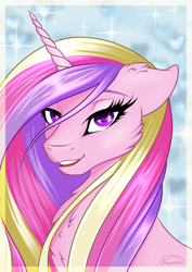 Size: 1024x1449 | Tagged: safe, artist:nuumia, princess cadance, alicorn, pony, g4, bust, cheek fluff, chest fluff, ear fluff, female, looking at you, mare, open mouth, portrait, signature, solo