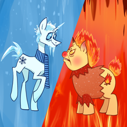 Size: 2048x2048 | Tagged: safe, artist:pfeffaroo, pony, unicorn, angry, clothes, duo, fire, heat miser, high res, ice, icicle, ponified, scarf, shirt, snow miser, the year without a santa claus