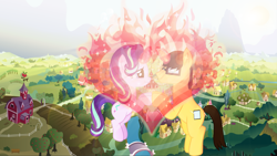 Size: 5667x3202 | Tagged: safe, artist:brandonthebronypony, starlight glimmer, oc, oc:brandon, g4, canon x oc, cute, flying, glimglam, glimmerbetes, glimmy, heart, in love, true love, wholesome