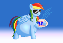 Size: 2550x1741 | Tagged: safe, artist:parturient, derpibooru exclusive, rainbow dash, pegasus, pony, g4, belly, big belly, chocolate, female, food, hot chocolate, mare, momma dash, preggo dash, pregnant, sunglasses, wings