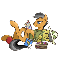 Size: 2075x2075 | Tagged: safe, artist:pfeffaroo, daring do, quibble pants, earth pony, pony, g4, comic book, food, high res, lidded eyes, plushie, popcorn, reading, smiling, solo