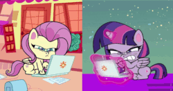 Size: 644x337 | Tagged: safe, edit, screencap, fluttershy, twilight sparkle, alicorn, pegasus, pony, g4.5, my little pony: pony life, the comet section, the crystal capturing contraption, animated, computer, cropped, female, gif, gritted teeth, laptop computer, levitation, magic, magic glow, mare, narrowed eyes, sitting, split screen, sweat, telekinesis, twilight sparkle (alicorn), typing, wings