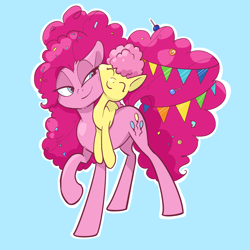 Size: 2048x2048 | Tagged: safe, artist:pfeffaroo, li'l cheese, pinkie pie, earth pony, pony, g4, the last problem, candy in hair, carrying, duo, female, high res, mother and child, smiling