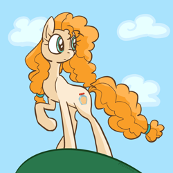 Size: 2048x2048 | Tagged: safe, artist:pfeffaroo, pear butter, earth pony, pony, g4, female, high res, looking away, mare, outdoors, raised hoof, solo, standing, turned head