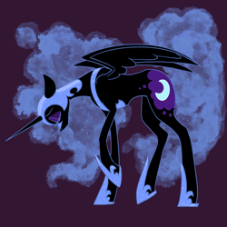 Size: 2048x2048 | Tagged: safe, artist:pfeffaroo, nightmare moon, alicorn, pony, g4, concave belly, eyes closed, female, head down, high res, mare, profile, sad, simple background, slumped, solo, spread wings, tall, thin, wings