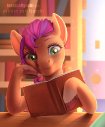 Size: 2500x3000 | Tagged: safe, artist:jessicanyuchi, sunny starscout, earth pony, pony, g5, book, bookshelf, fanart, female, high res, library, mare, reading, smiling, solo, table, text, unshorn fetlocks, watermark