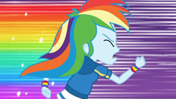 Size: 3410x1920 | Tagged: safe, screencap, rainbow dash, dashing through the mall, equestria girls, equestria girls specials, g4, my little pony equestria girls: better together, my little pony equestria girls: holidays unwrapped, clothes, eyes closed, female, hoodie, open mouth, rainbow trail, running, solo