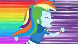 Size: 3410x1920 | Tagged: safe, screencap, rainbow dash, dashing through the mall, equestria girls, equestria girls specials, g4, my little pony equestria girls: better together, my little pony equestria girls: holidays unwrapped, clothes, eyes closed, female, hoodie, open mouth, rainbow trail, running, solo