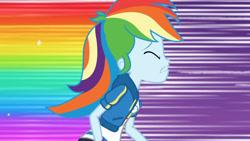 Size: 3410x1920 | Tagged: safe, screencap, rainbow dash, dashing through the mall, equestria girls, equestria girls specials, g4, my little pony equestria girls: better together, my little pony equestria girls: holidays unwrapped, breasts, clothes, cutie mark, cutie mark on clothes, eyes closed, female, geode of super speed, high res, hoodie, jewelry, magical geodes, necklace, rainbow trail, running, solo