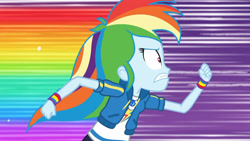Size: 3410x1920 | Tagged: safe, screencap, rainbow dash, dashing through the mall, equestria girls, equestria girls series, g4, holidays unwrapped, spoiler:eqg series (season 2), clothes, cutie mark, cutie mark on clothes, female, geode of super speed, hoodie, jewelry, magical geodes, necklace, rainbow dash is best facemaker, rainbow trail, running, solo