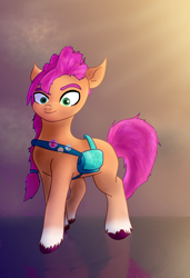 Size: 1106x1618 | Tagged: safe, artist:moonlightrift, sunny starscout, earth pony, pony, g5, badge, bag, female, mare, reflection, solo, unshorn fetlocks, water