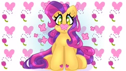 Size: 4096x2304 | Tagged: safe, artist:sketchthewitch, mayor flitter flutter, butterfly, earth pony, pony, g3, blushing, butterfly on nose, insect on nose, solo