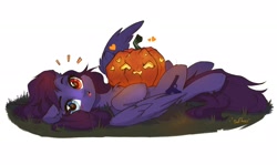 Size: 2048x1217 | Tagged: safe, artist:sofiko-ko, oc, oc only, oc:pestyskillengton, pegasus, pony, chest fluff, floppy ears, halloween, heart, heterochromia, holiday, jack-o-lantern, looking at you, lying down, on back, pumpkin, simple background, solo, spread wings, surprised, white background, wings