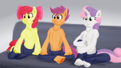 Size: 1920x1080 | Tagged: safe, artist:rockhoppr3, apple bloom, scootaloo, sweetie belle, earth pony, pegasus, unicorn, semi-anthro, g4, arm hooves, chest fluff, clothes, couch, cutie mark crusaders, pajamas, pants, partial nudity, topless, trio, unshorn fetlocks