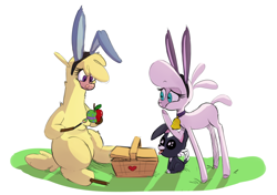 Size: 1344x948 | Tagged: safe, artist:hitsuji, paprika (tfh), pom (tfh), alpaca, dog, sheep, them's fightin' herds, apple, basket, bell, bell collar, bunny ears, cloven hooves, collar, community related, easter, female, food, group, holiday, painting, picnic basket