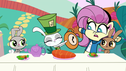 Size: 1920x1080 | Tagged: safe, screencap, fluttershy, pegasus, pony, rabbit, g4.5, my little pony: pony life, the tiara of truth, spoiler:pony life s02e06, alice in wonderland, animal, carrot, clothes, food, herbivore, mad hatter