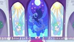 Size: 1920x1080 | Tagged: safe, screencap, nightmare moon, princess celestia, alicorn, pony, g4.5, magical mare-story tour, my little pony: pony life, spoiler:pony life s02e13, stained glass