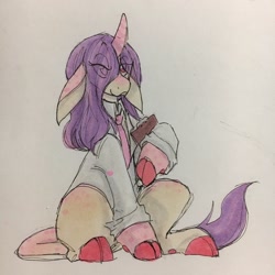 Size: 2048x2048 | Tagged: safe, artist:wicpers, oc, oc only, oc:primrose, pony, unicorn, doctor, high res, male, purple mane, sitting, solo, traditional art