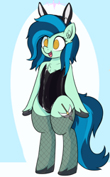 Size: 1964x3162 | Tagged: safe, artist:czu, oc, oc:stratus shear, pegasus, semi-anthro, abstract background, arm hooves, bipedal, bunny ears, bunny suit, chest fluff, clothes, fishnet stockings, hypnosis, latex, open mouth, swirly eyes, unshorn fetlocks