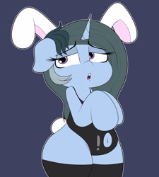 Size: 2520x2802 | Tagged: safe, artist:blitzyflair, oc, oc only, oc:blitzy flair, pony, unicorn, belly button, bipedal, bunny ears, bunny suit, chubby, clothes, female, floppy ears, high res, hind legs, legs together, leotard, lidded eyes, mare, open mouth, plump, simple background, solo