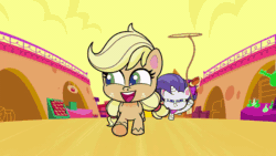 Size: 800x450 | Tagged: safe, screencap, applejack, rarity, earth pony, pony, unicorn, g4.5, my little pony: pony life, the great cowgirl hat robbery, spoiler:pony life s02e10, animated, breaking the fourth wall, cowboy hat, female, freckles, gif, happlejack, hat, hatless, lasso, looking at you, looking back, mare, missing accessory, out of context, rope, running, smiling, smirk