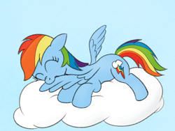 Size: 1000x750 | Tagged: safe, artist:m.w., rainbow dash, pegasus, pony, g4, blue background, cloud, eyes closed, floppy ears, grooming, on a cloud, preening, simple background, solo