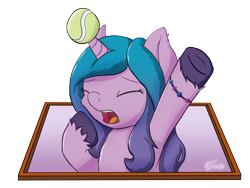 Size: 2048x1536 | Tagged: safe, artist:icy wings, izzy moonbow, pony, unicorn, g5, ball, bracelet, eyes closed, female, horn, horn impalement, hornball, izzy's tennis ball, jewelry, mare, open mouth, simple background, solo, stretching, tennis ball, transparent background, unshorn fetlocks, yawn
