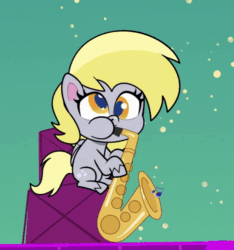 Size: 580x620 | Tagged: safe, screencap, derpy hooves, pegasus, pony, g4.5, my little pony: pony life, the comet section, spoiler:pony life s02e03, animated, cropped, female, gif, hoof hold, loop, mare, music notes, musical instrument, puffy cheeks, saxophone, solo