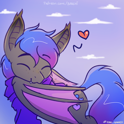 Size: 2500x2500 | Tagged: safe, artist:syncbanned, oc, oc only, oc:grey, oc:lullay, bat pony, pony, adorable face, bat wings, clothes, cloud, cute, cutie mark, ear fluff, eyes closed, folded wings, freckles, grooming, happy, heart, high res, hoodie, male, preening, relaxing, sky, solo, stallion, standing, wings