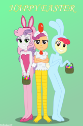 Size: 2500x3800 | Tagged: safe, artist:robukun, apple bloom, scootaloo, sweetie belle, human, equestria girls, g4, animal costume, bird costume, bunny costume, bunny suit, chicken suit, clothes, costume, crossed arms, cutie mark crusaders, easter, female, frown, gradient background, grin, high res, holiday, scootachicken, scootaloo is not amused, shadow, signature, smiling, trio, trio female, unamused
