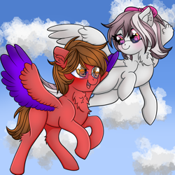 Size: 900x900 | Tagged: safe, artist:splashofsweet, oc, oc only, pegasus, pony, chest fluff, cloud, colored wings, colored wingtips, flying, glasses, smiling, spread wings, wings