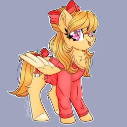 Size: 900x900 | Tagged: safe, artist:splashofsweet, oc, oc only, pegasus, pony, bow, chest fluff, clothes, hair bow, looking at you, raspberry, smiling, solo, spread wings, sweater, tail bow, tongue out, wings