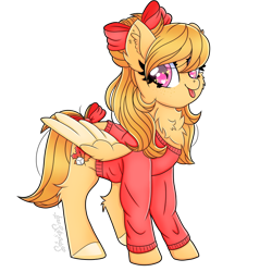 Size: 900x900 | Tagged: safe, alternate version, artist:splashofsweet, oc, oc only, pegasus, pony, bow, chest fluff, clothes, hair bow, looking at you, raspberry, simple background, smiling, solo, spread wings, sweater, tail bow, tongue out, transparent background, wings