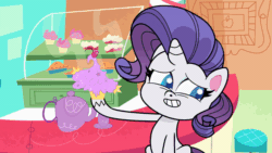 Size: 800x450 | Tagged: safe, screencap, rarity, pony, unicorn, g4.5, my little pony: pony life, the tiara of truth, animated, fetish fuel, gif, green face, teapot, vomiting