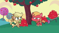 Size: 1920x1080 | Tagged: safe, screencap, applejack, big macintosh, hawthorne the third, earth pony, pony, g4, g4.5, my little pony: pony life, terrorarium, abstract background, animated, apple, apple tree, bipedal, creepy, cute, duo, eenope, evil smile, female, food, freckles, grin, jackabetes, male, mare, nope, orchard, plant, scared, smiling, sound, stallion, talking, tree, webm