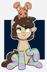 Size: 1748x2656 | Tagged: safe, artist:heretichesh, oc, oc only, oc:louvely, oc:noose, earth pony, pony, rabbit, animal, blushing, clothes, easter, female, happy, holiday, looking up, mare, pet, rope, socks, striped socks