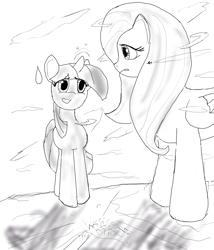 Size: 2267x2645 | Tagged: safe, artist:feyzer, fluttershy, twilight sparkle, pegasus, pony, unicorn, g4, aircraft, city, cloud, female, giant pony, giantess, giga giant, glowing, glowing horn, grayscale, high res, horn, looking at each other, looking at someone, macro, macro/micro, mare, micro, monochrome, nervous, shadow, sweat, sweatdrop, unicorn twilight