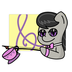Size: 2100x2100 | Tagged: safe, artist:melodysketch, octavia melody, earth pony, pony, g4, bedroom eyes, bow (instrument), bowtie, cello bow, cup, cutie mark, cutie mark background, high res, simple background, simple shading, solo, teacup, transparent background