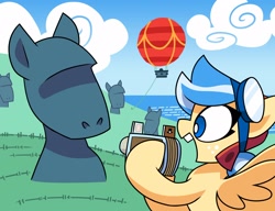 Size: 2048x1575 | Tagged: safe, artist:coaldustthestrange, oc, oc only, pegasus, pony, camera, easter island, goggles, hot air balloon, moai, open mouth, smiling, solo, statue
