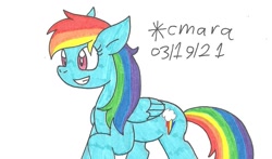 Size: 1108x651 | Tagged: safe, artist:cmara, rainbow dash, pegasus, pony, g4, female, grin, mare, raised hoof, simple background, smiling, solo, traditional art, white background