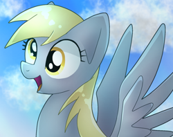 Size: 1276x1010 | Tagged: safe, artist:namaenonaipony, derpy hooves, pegasus, pony, g4, open mouth, sky, smiling, solo, spread wings, wings