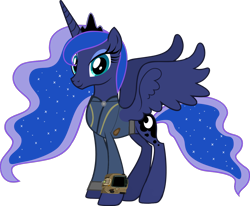 Size: 1280x1056 | Tagged: safe, artist:andoanimalia, artist:php170, princess luna, alicorn, pony, fallout equestria, g4, clothes, crown, fallout, female, jewelry, jumpsuit, mare, pipboy, regalia, simple background, smiling, solo, transparent background, vault suit, vector